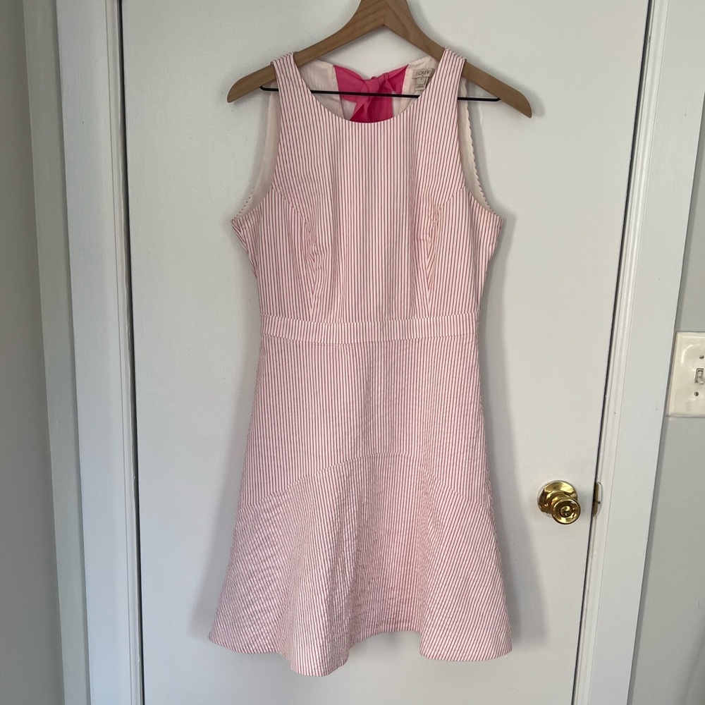 Vintage J Crew Cotton seersucker white and pink pin stripe midi dress